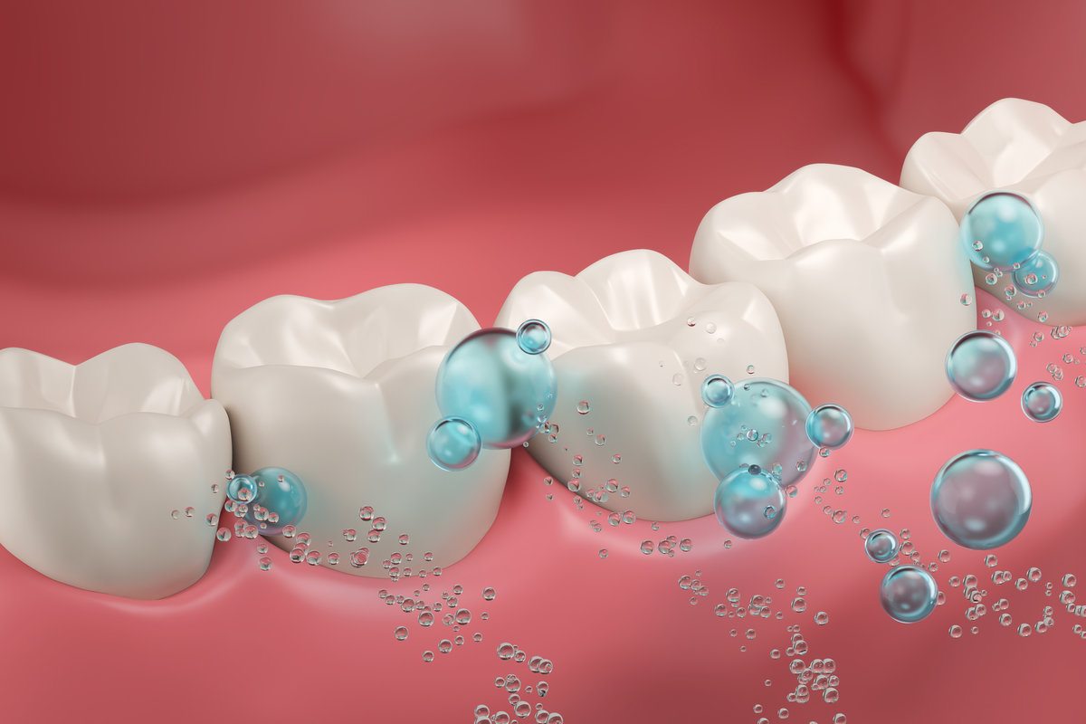 Healthy gums and teeth with fluoride Liquid Bubble Protect and Cleaning. Oral hygiene and Dental concept, 3d rendering.